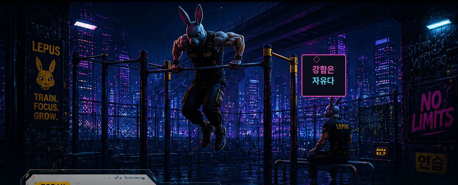 霓虹夜色中的街頭健身公園，兩名擬人兔頭運動者在單槓區練習。